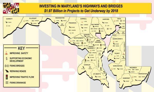 Map of Maryland showing future transportation public works projects to be completed by 2018