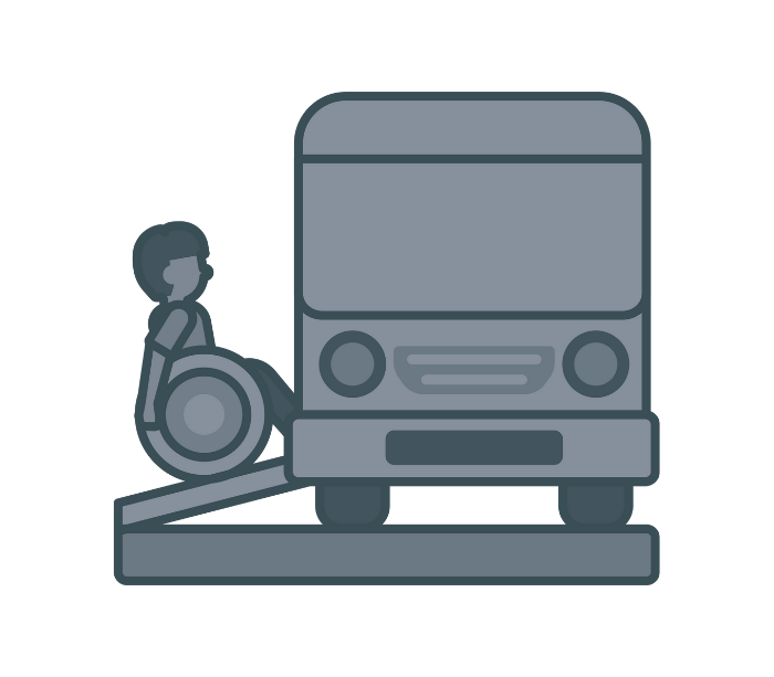 Icon of a wheelchair user using a ramp to get on a bus.
