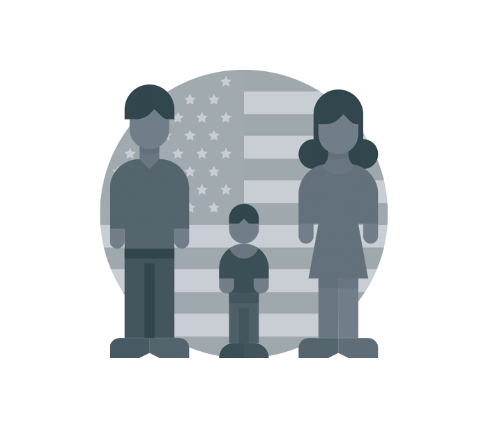 Icon of a man, woman, and child standing in front of a circular American flag.